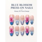 Blue‑Blossom 3D Floral Press‑On Nails, Medium‑Long Almond Handmade False Nails with Shell & Stripe Art